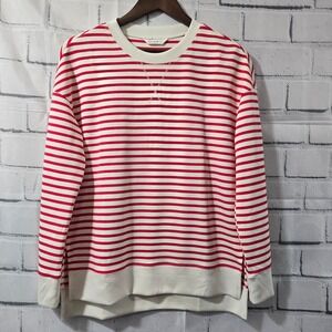 Glamaker Women Red Cream Striped Crewneck Sweatshirt Relaxed Fit Small